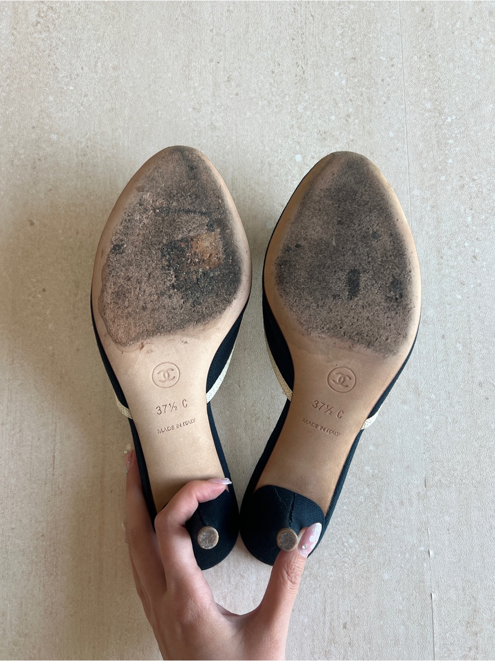 CHANEL Navy and Cream Camellia Kitten Heel Mules - Picture 7 of 9